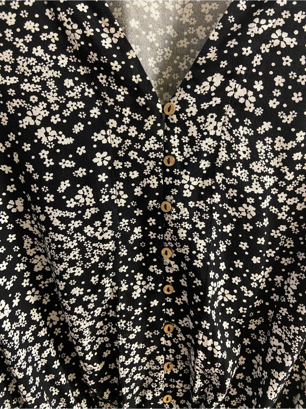 Free People Intimately Black White Ditzy Floral Ruffle Bell Sleeve Bodysuit Top